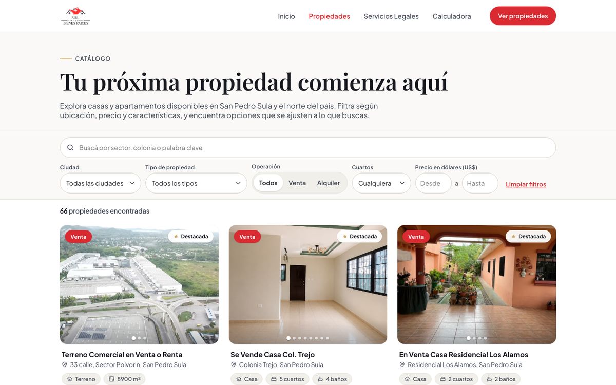 Catálogo de C&L Inversiones con buscador y filtros por ciudad, tipo de propiedad, operación, cuartos y precio
