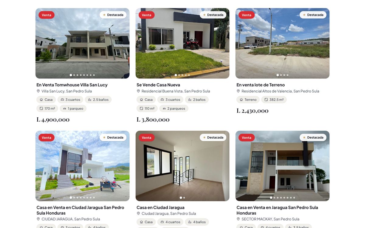 Rejilla de propiedades del catálogo con foto, cuartos, baños, metros cuadrados, parqueos y precio