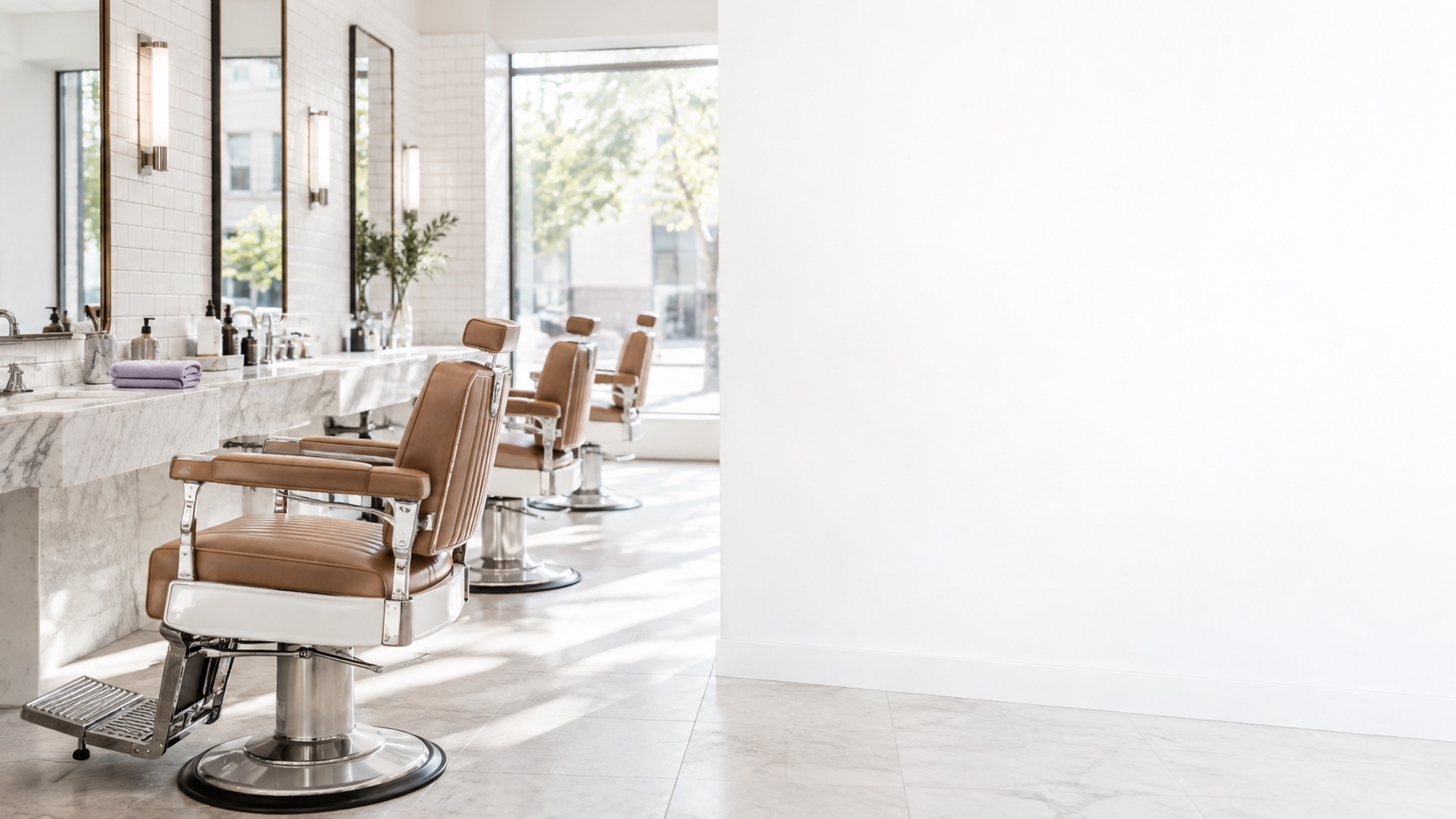Silla de barbero junto al espejo, con las herramientas ordenadas y luz de día entrando por la vitrina
